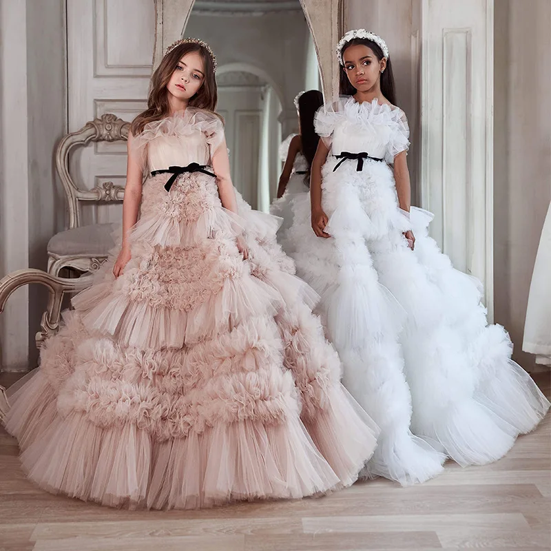 Moda personalizada vestido de baile do bebê vestidos da menina flor tule crianças festa casamento baile noite vestidos princesa