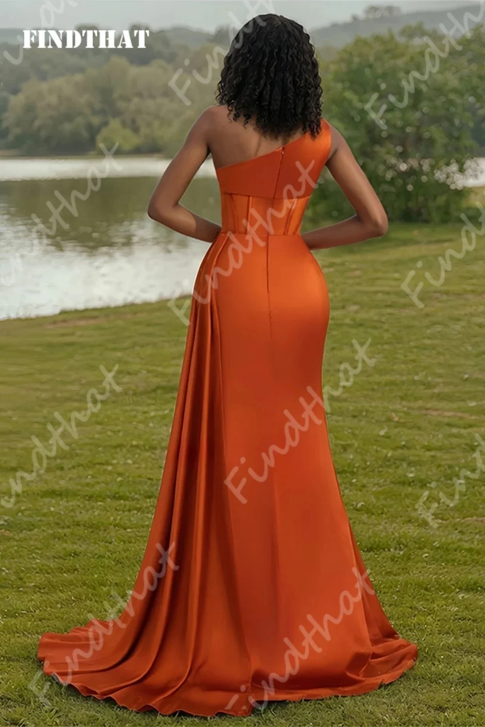 Findthat Brautjungfernkleid im Meerjungfrau-Stil mit hohem Schlitz für Party, One-Shoulder-Orange, langes Abendkleid, Hochzeitsgastkleid, individuell gestaltet