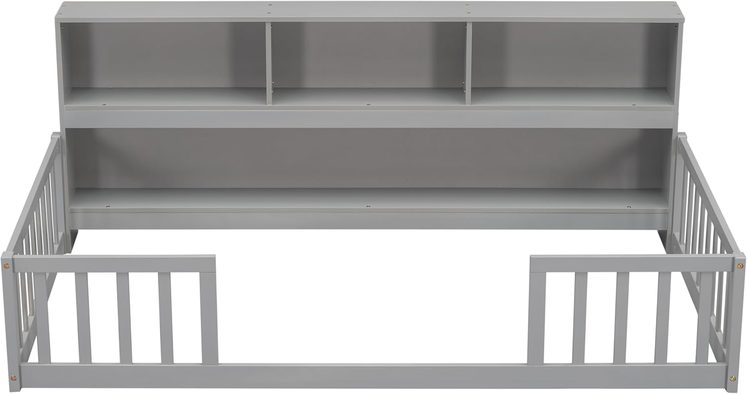 Kids Montessori Floor Bed,Twin Size Floor Bed with Bookcase and Shelves,Twin Bed Frame