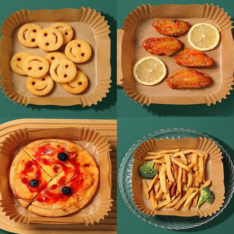 Revestimientos de papel desechables antiadherentes para freidora de aire, pergamino impermeable y a prueba de aceite para hornear, asar, uso en freidora de aire para microondas, 100 Uds.