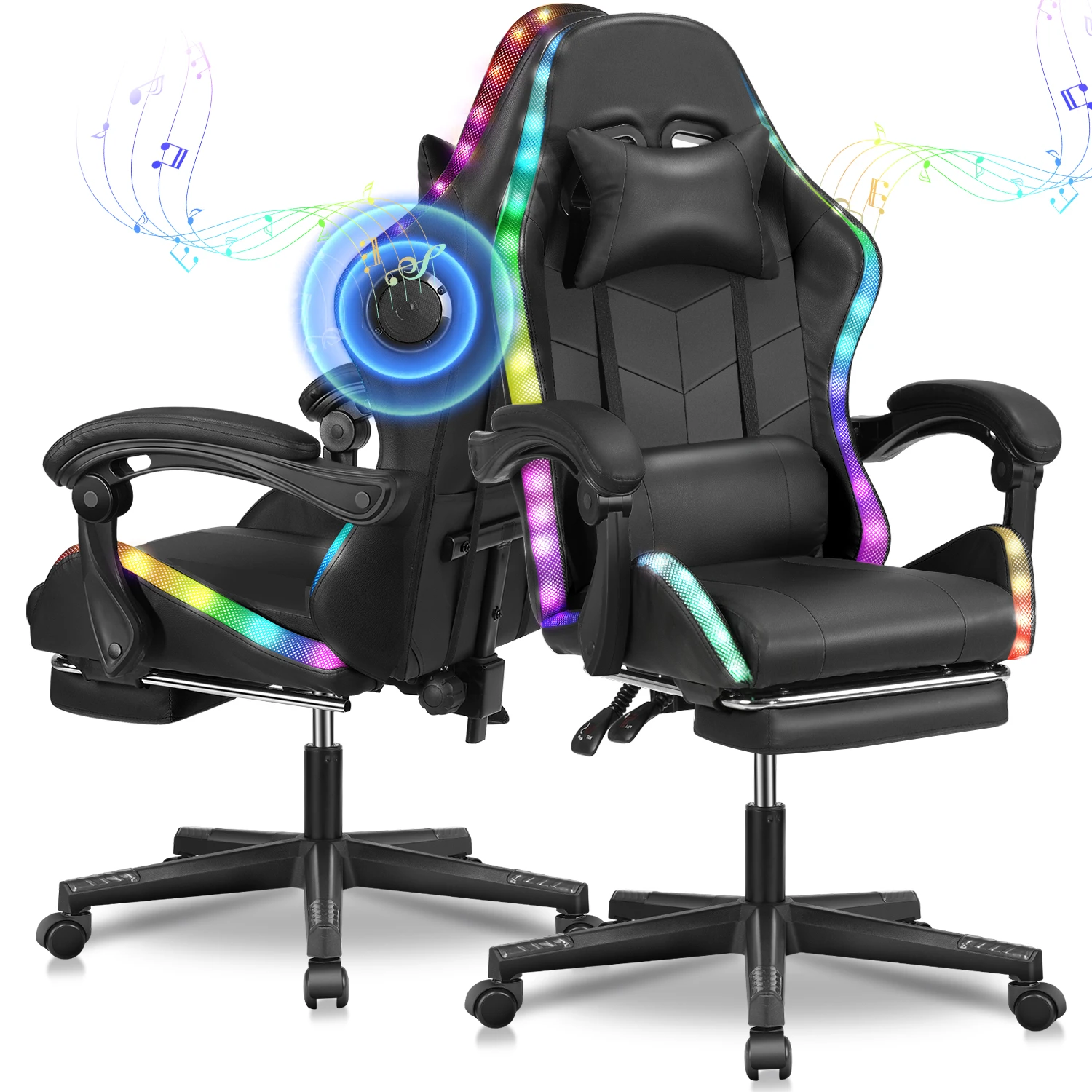 Sedia da gioco con luci a LED, altoparlanti Bluetooth, sedia da gioco ergonomica RGB per adulti, computer reclinabile regolabile in altezza