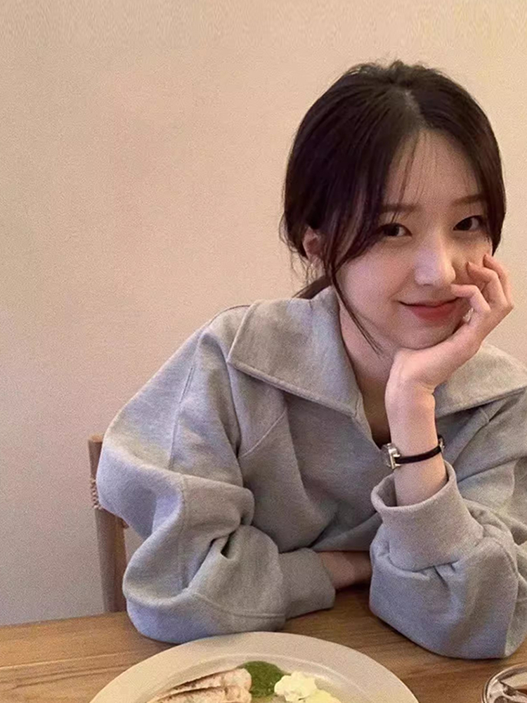 Chic Autumnal Loose Fit Short Sleeve Long Sleeve Hoodie Women's Pure Color Turn-down Collar Soft Versatile Comfortable Sweats...