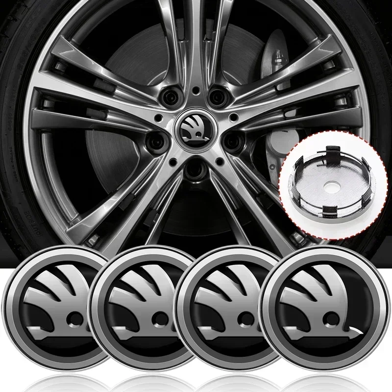 4pcs 56 มม.+ 60 มม.ศูนย์ล้อรถ HUB หมวกขอบฝาครอบสติกเกอร์สําหรับ Skoda Octavia Fabia Kamiq Kapoq KODIAQ Rapid SCALA Superb