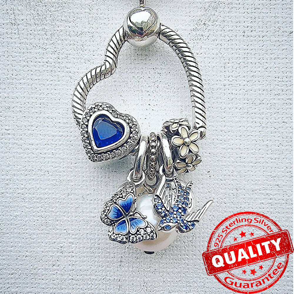 Moda prata esterlina rosa amor-perfeito flor charme caber pulseira original 925 prata azul borboleta charme jóias finas presente