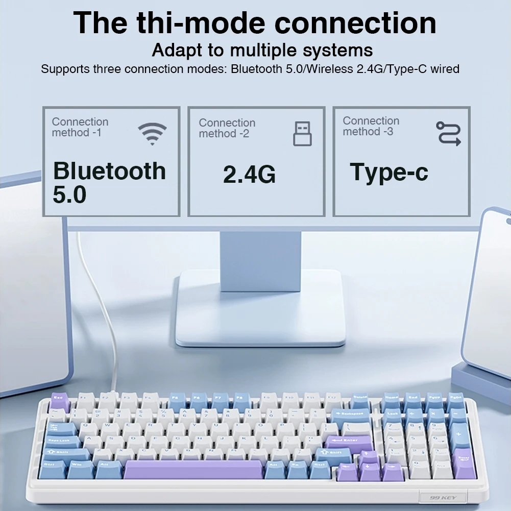 Aula-Teclado mecánico para videojuegos F99, tres modos, 2,4g, inalámbrico, Bluetooth, con cable, intercambio en caliente, junta PBT RGB para juegos, escritura, 99 teclas