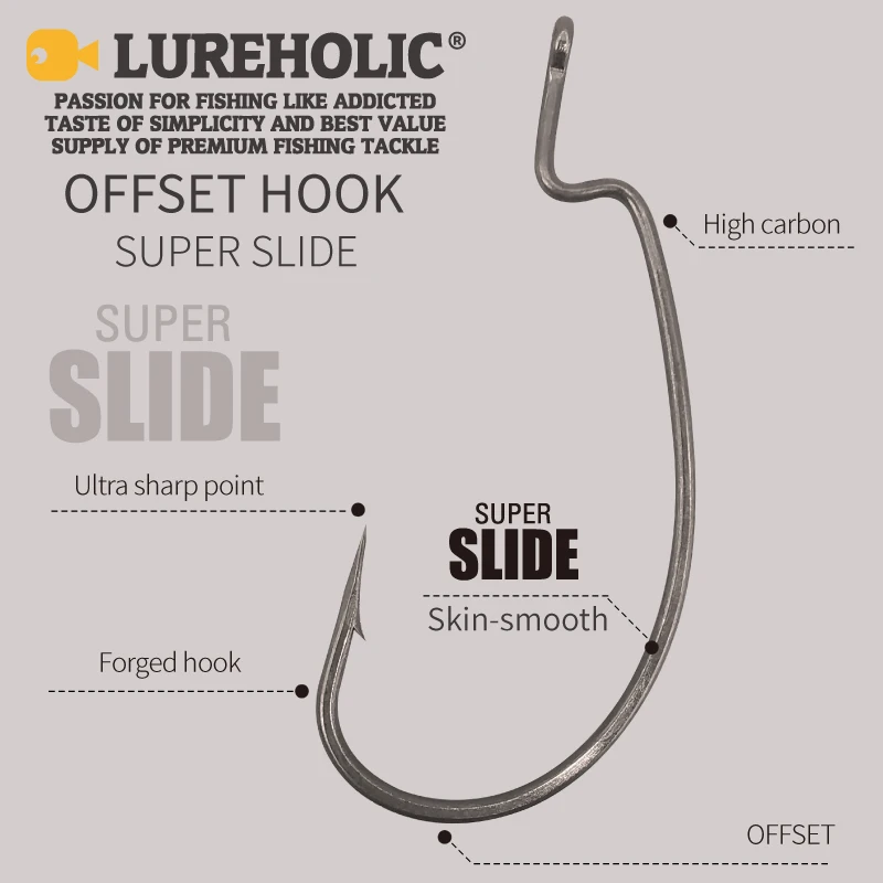 LUREHOLIC-Aço Inoxidável Worm Anzol, PTFE Super Slide Gancho Offset, Texas Rig, Drop Shot, Acessórios de Pesca