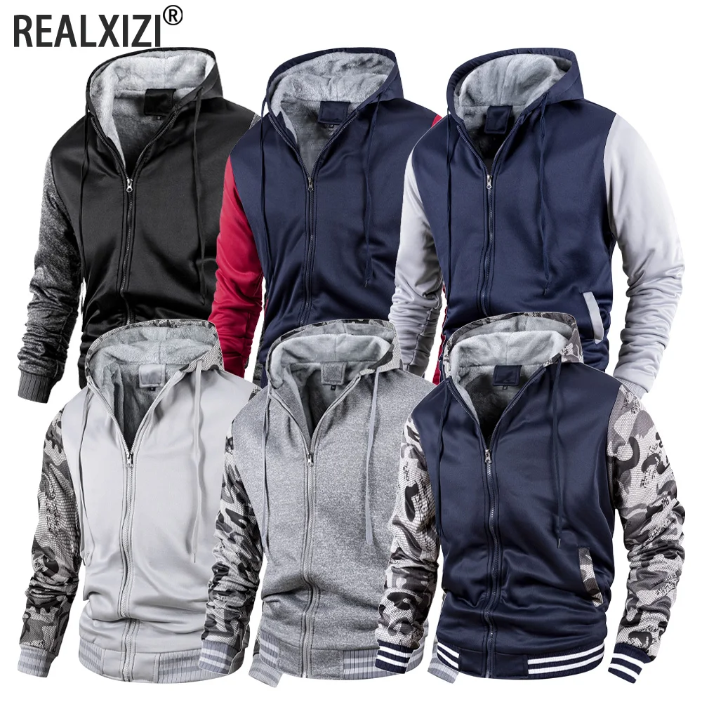 Homens jaqueta de emenda de cor inverno quente velo hoodies esportes ao ar livre à prova de vento uniforme de beisebol masculino moda zíper engrossar casacos