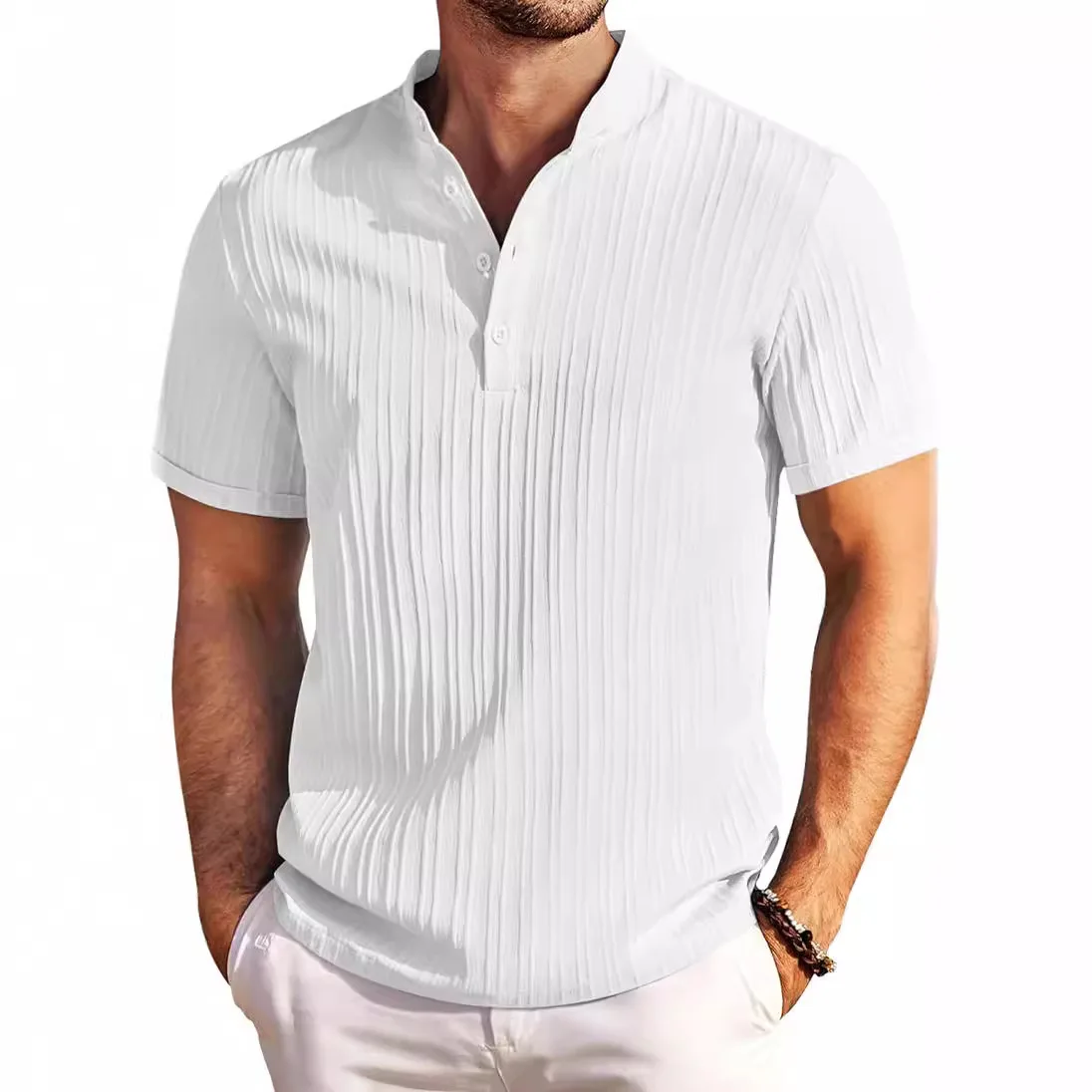 Nueva tendencia de verano para hombres Camisa de manga corta informal a rayas de gama alta Cuello alto clásico de alta calidad Moda cómoda sShort-