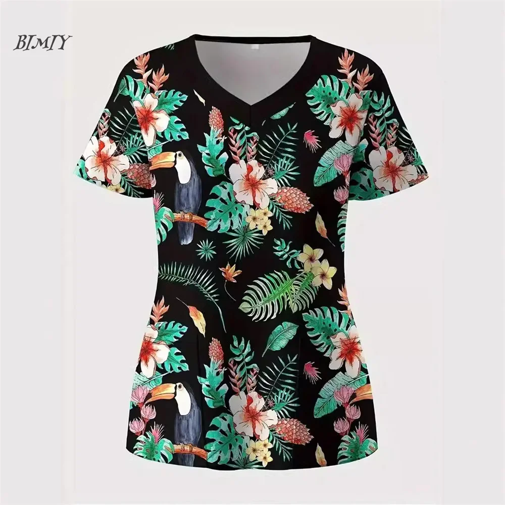 Mulheres trabalho flores camiseta estiramento esfrega uniforme de enfermagem blusa com decote em v manga curta médico esfrega topos com bolsos atacado