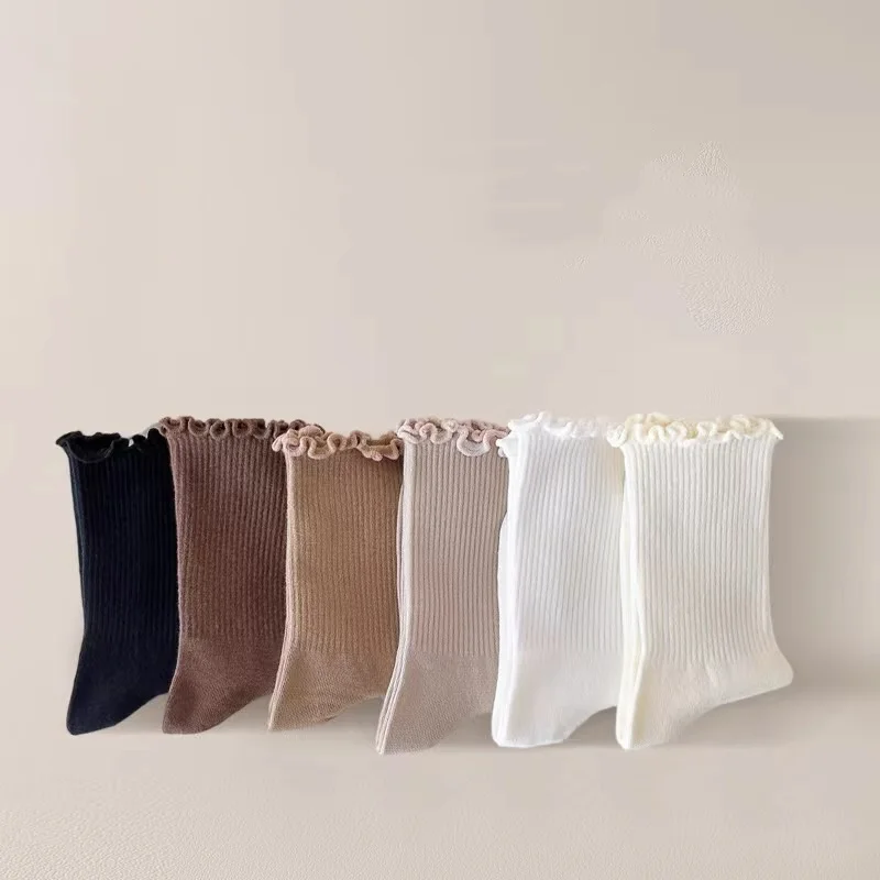 Calcetines de longitud media con volantes para mujer, conjunto de Color sólido transpirable, cómodo y absorbente de sudor, primavera y otoño, lote de 6 pares