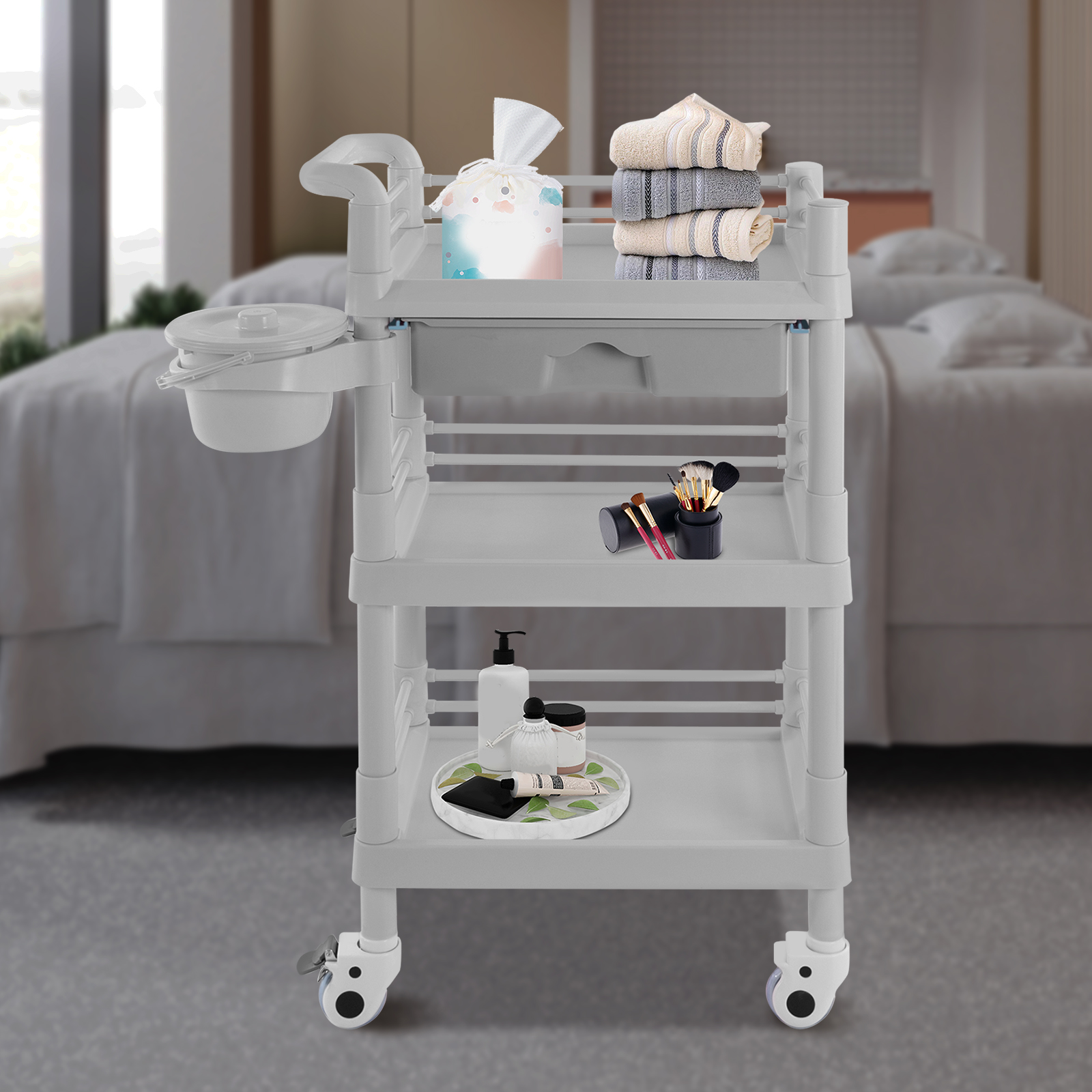 3-tier Beauty Trolley Salon Trolley With Drawer And Waste Bin For Barber Shops, Beauty Shops, Pet Shops 54*37*98cm