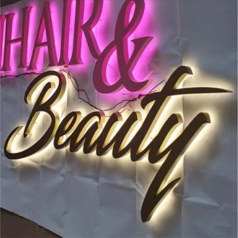 ที่กําหนดเองกลางแจ้ง backlit สแตนเลส LED Store ป้าย, back lighted โลหะโลโก้บริษัท hair beauty salon ป้ายตัวอักษร