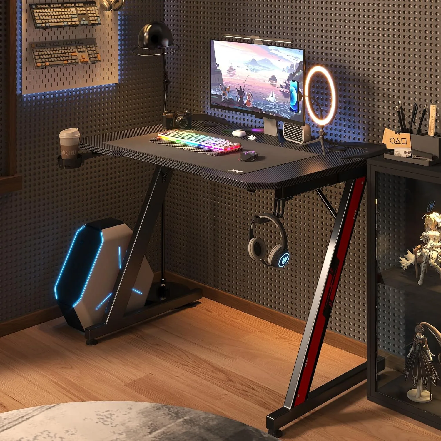 Gaming Computer Desk with Carbon Fiber Surface, Gaming Table Z Shaped Pc Home Office with Cup Holder&Headphone Hook(32 in)