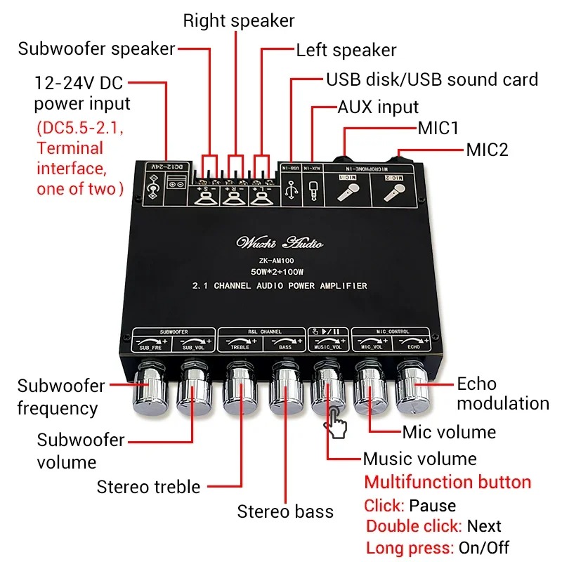 TPA3116D2 Amplificateur stéréo audio numérique Bluetooth 2.1 avec connexion microphone Caisson de basses 50 + 50 + 100 W AMP – ZK-AM100