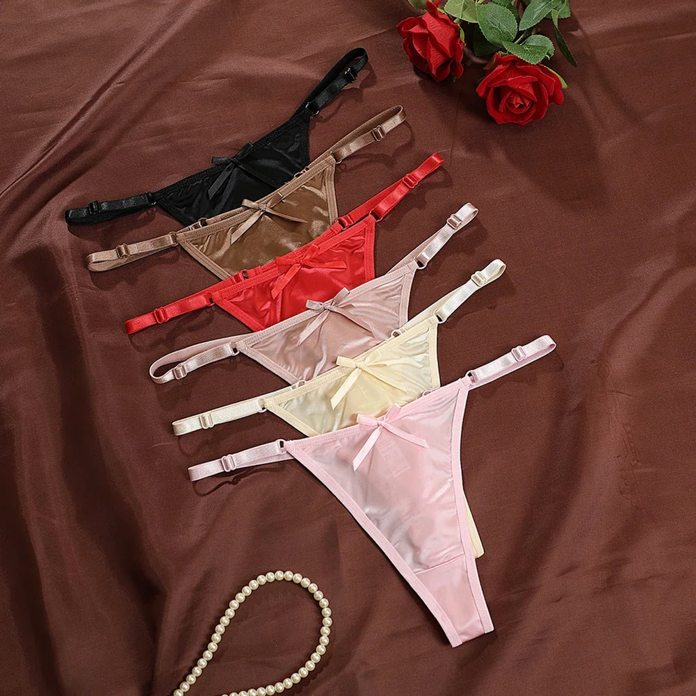 Tangas sexis de satén suave para mujer, tangas, bragas en T, bragas con lazo de cintura baja, pantalones cortos, ropa interior femenina cómoda, Трусы Ж Kami 1924е