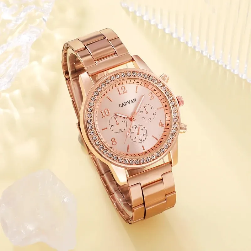 Conjunto de 6 uds. De reloj de lujo de oro rosa para mujer, anillo, collar, pendiente, reloj de pulsera de moda con diamantes de imitación, relojes de pulsera informales para mujer
