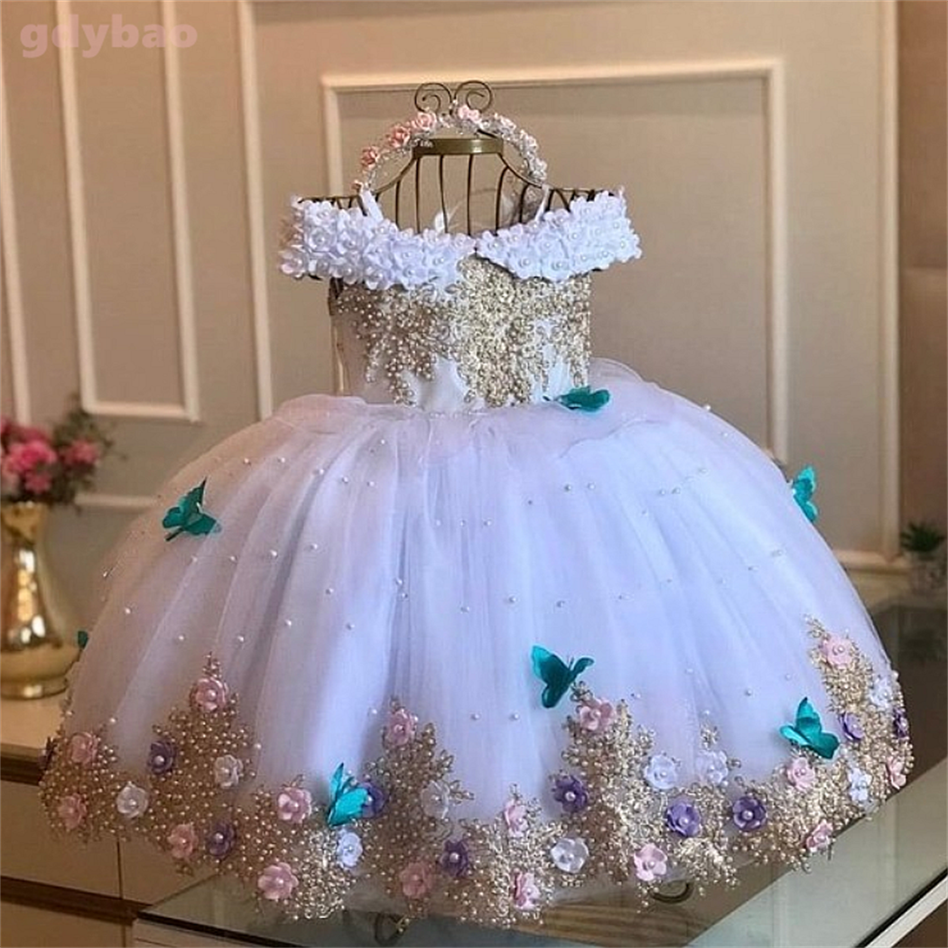 Baby Mädchen Kleider aus Schulter Perlen Spitze Schmetterlinge Blumen mädchen Kleid Kleinkind erste Geburtstags feier Kleid