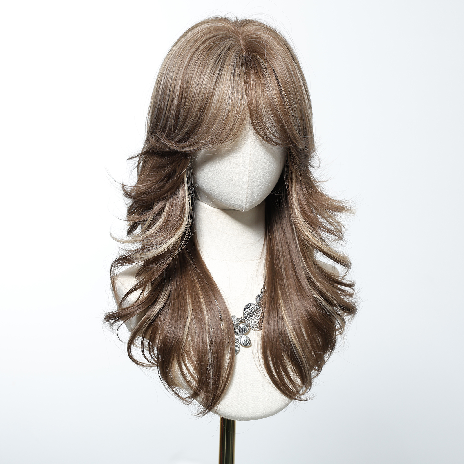 LOUIS FERRE สีน้ําตาลสีบลอนด์ไฮไลท์วิกผมสังเคราะห์ด้านข้าง Bangs ยาว Wavy Layered ผมวิกผมสําหรับผู้หญิงทุกวันคอสเพลย์วิกผม