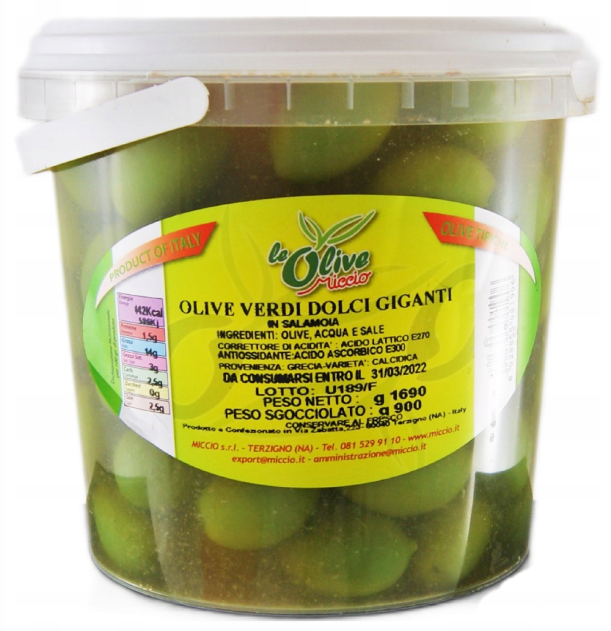 Frische Oliven Verdi Grandi 1690G/900g Grüne Grubenoliven-Miccio