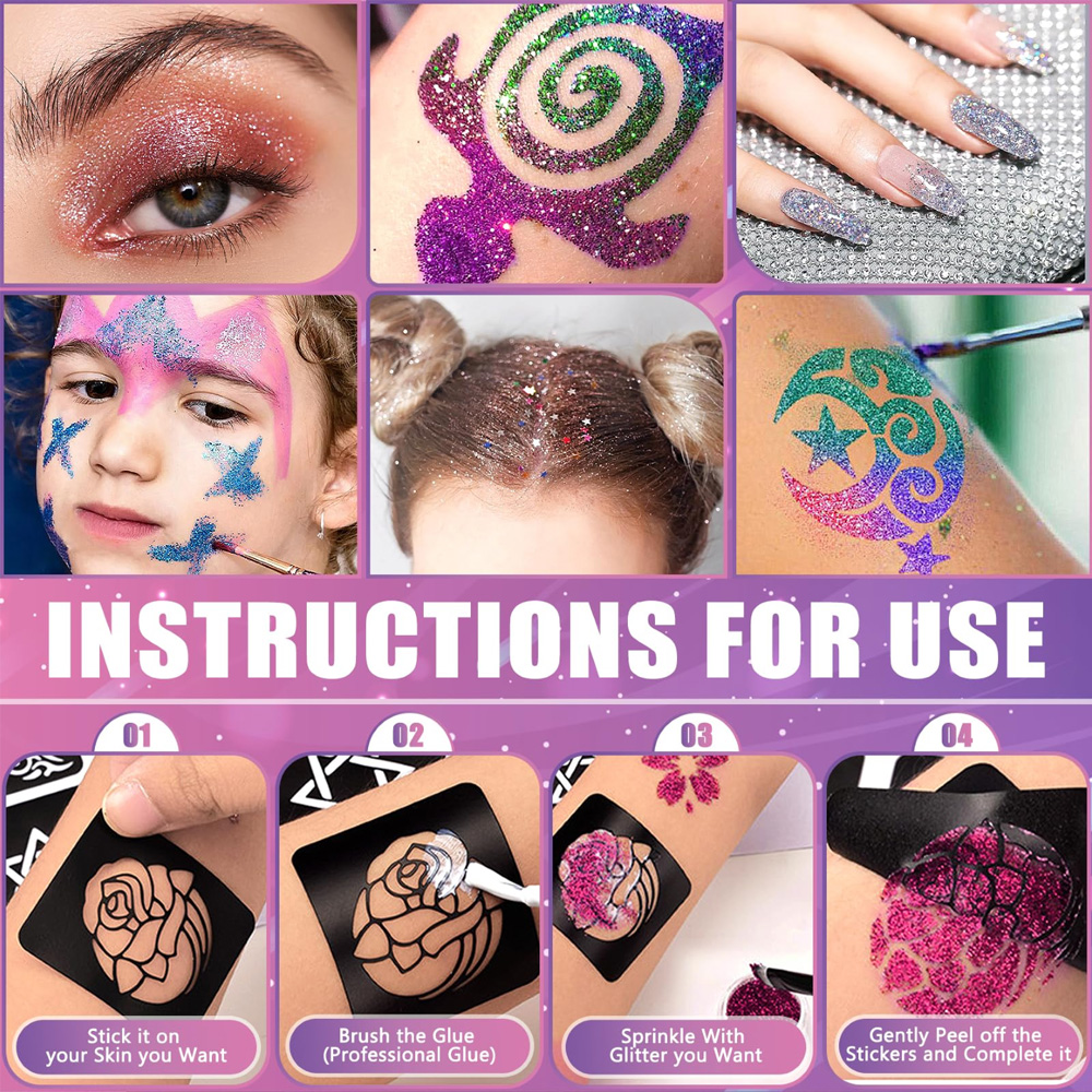 Kit de tatuagem temporária com glitter, 12 cores, para crianças, com 24 estênceis, adultos, meninas, meninos, artes, glitter, kit de maquiagem, lindo presente de feriado