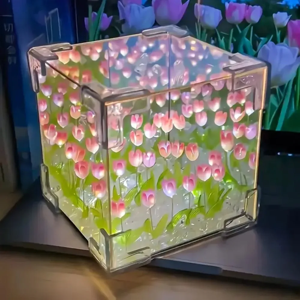 DIY flor mar 3D nube tulipán LED luz nocturna espejo lámparas de mesa adornos de dormitorio decoración espejo lámparas de mesa regalo de cabecera