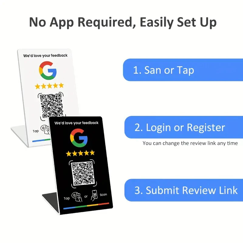 NFC 215 programable para tarjeta de revisión de Google Tabla de estación NFC El código QR de 13,56 Mhz se puede configurar independiente para vincular la tarjeta de pie