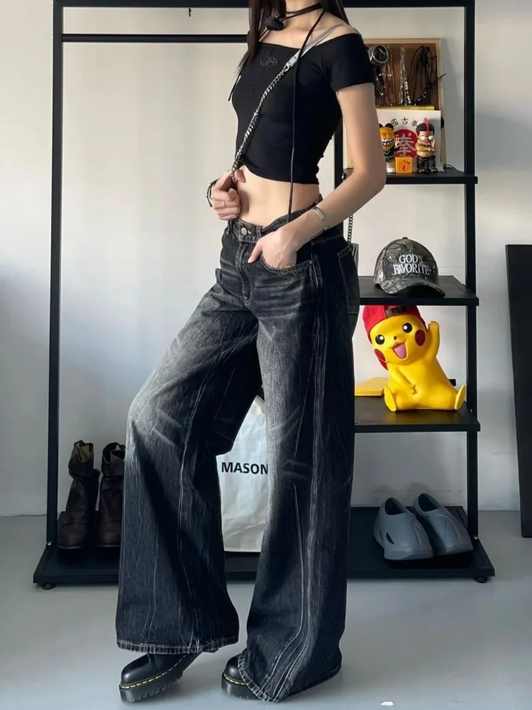 Houzhou grunge y2k preto jeans feminino baggy vintage high street calças jeans de grandes dimensões gótico gyaru 2000s acubi moda jeans