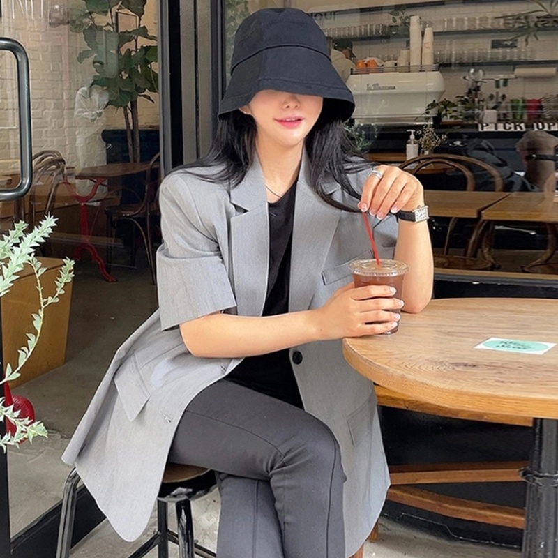 Jaqueta de Terno mata Retro com Design de Costas Abertas e Manga Curta Solta Estilo Versátil Chic Casual para Mulheres