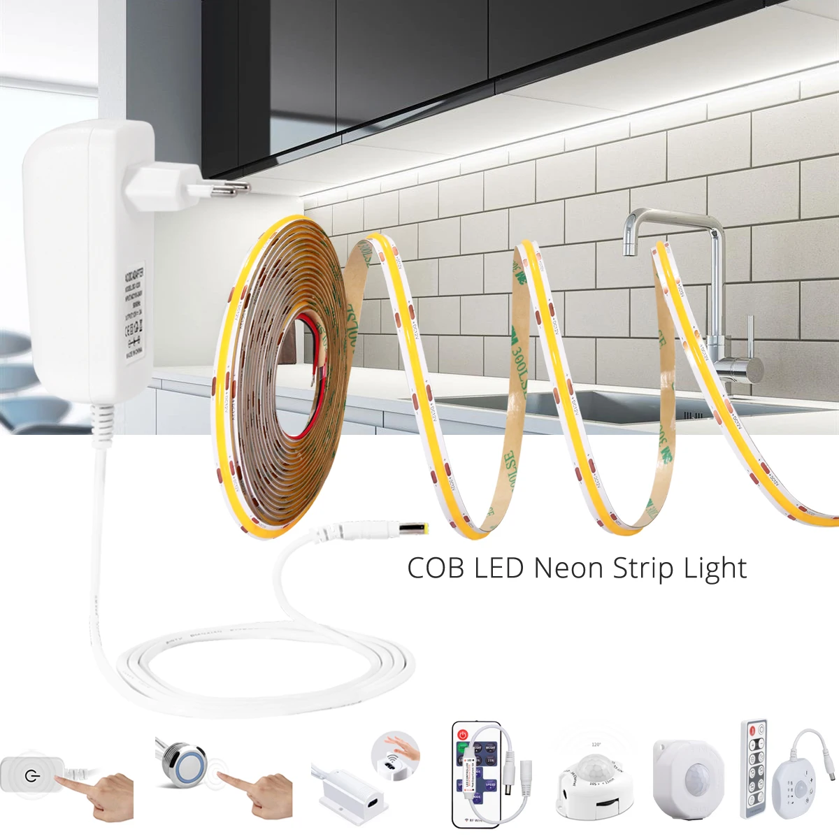 Đèn Rọi Ray COB Dải Băng 12V 320 Đèn Led/M Rộng 8Mm Với Adapter Cửa Tủ Cảm Ứng Đèn Mờ tay Quét Cảm Biến Chuyển Động Cảm Biến