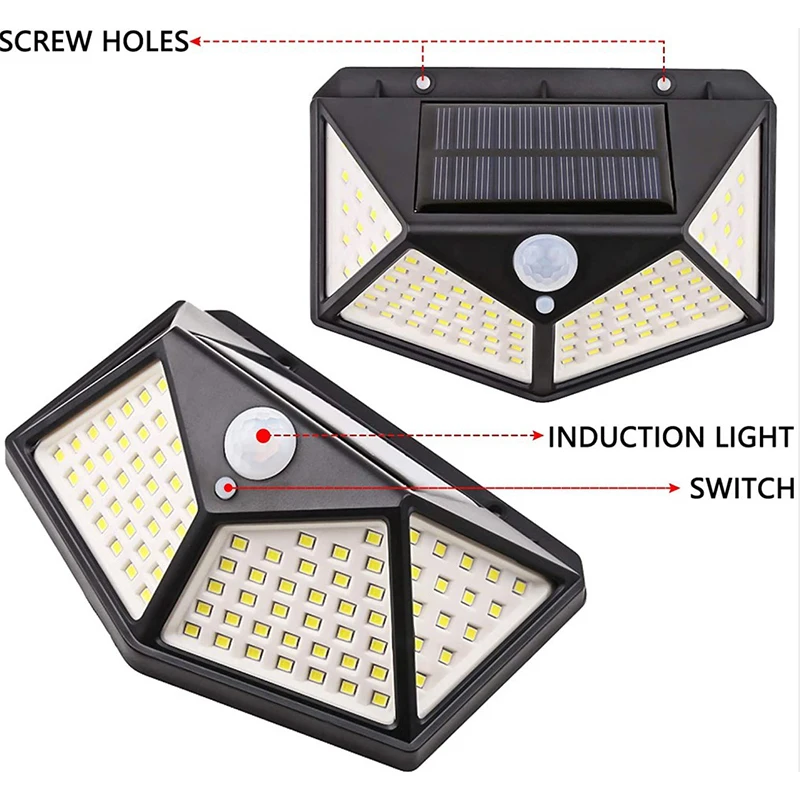 Luces solares para jardín al aire libre, luces de pared con Sensor corporal, cuatro lados, 100 LED recargables, iluminación para el hogar, farolas