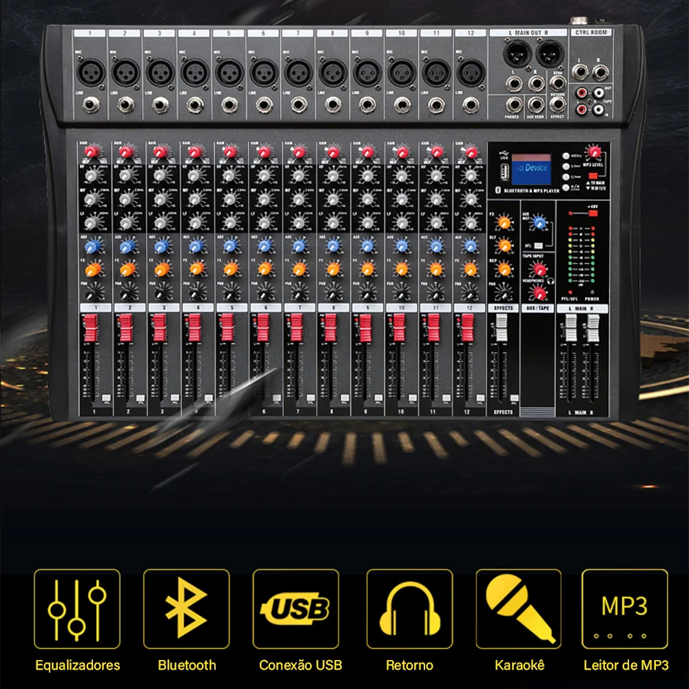 VEDO-Professional Sound Mixing Console, entrada do computador, interface USB, Mixing Console, placa de som, 12 canais