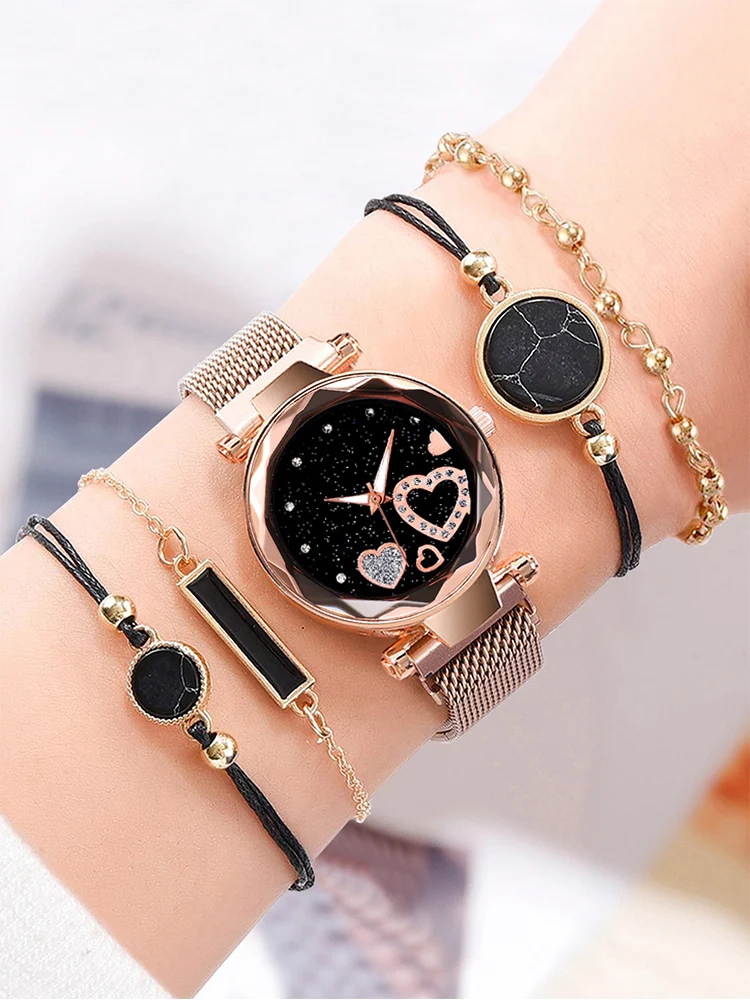 5 uds moda mujer cielo estrellado amor malla de hierro absorbente con reloj de cuarzo + conjunto combinado de pulsera