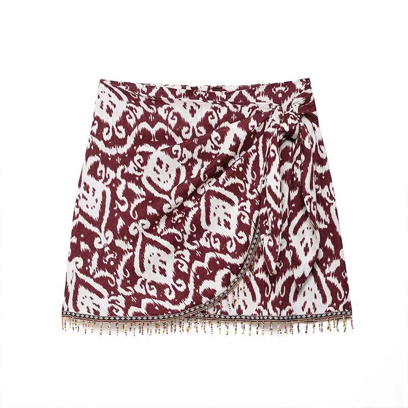 Willshela, moda para mujer con borlas con cuentas, estampado con cremallera trasera, minifalda acampanada, faldas elegantes Vintage de cintura alta para mujer