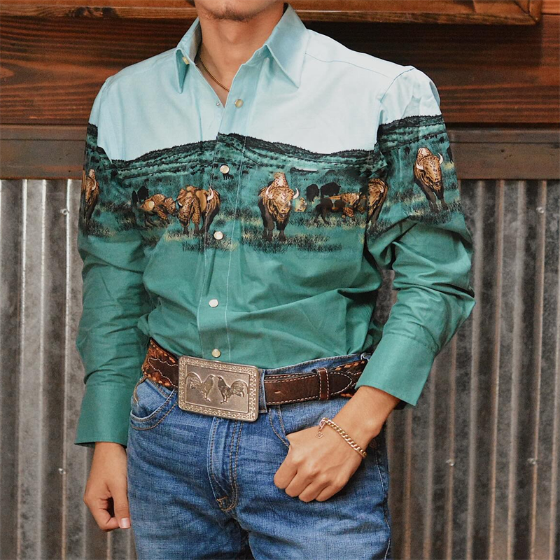 Camisa vaquera occidental de manga larga para hombre, fiesta informal al aire libre, patrón HD, camiseta con solapa de botones suave y cómoda, 2024