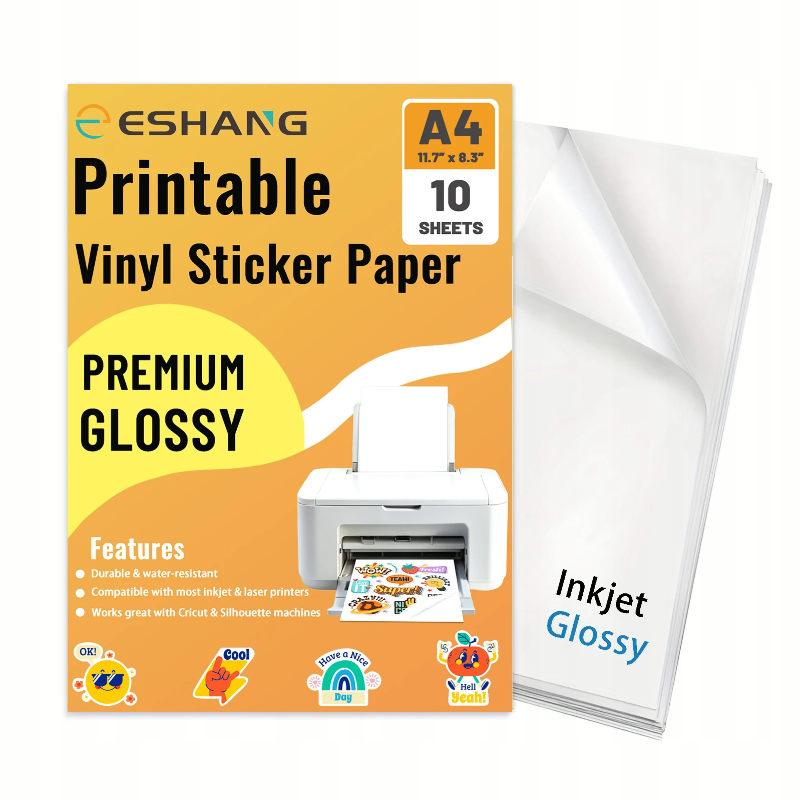 Papel adhesivo de vinilo imprimible blanco brillante A4, 10 hojas, para impresora de inyección de tinta, papel de calcomanía impermeable, autoadhesivo, 8,3 "x 11,7"