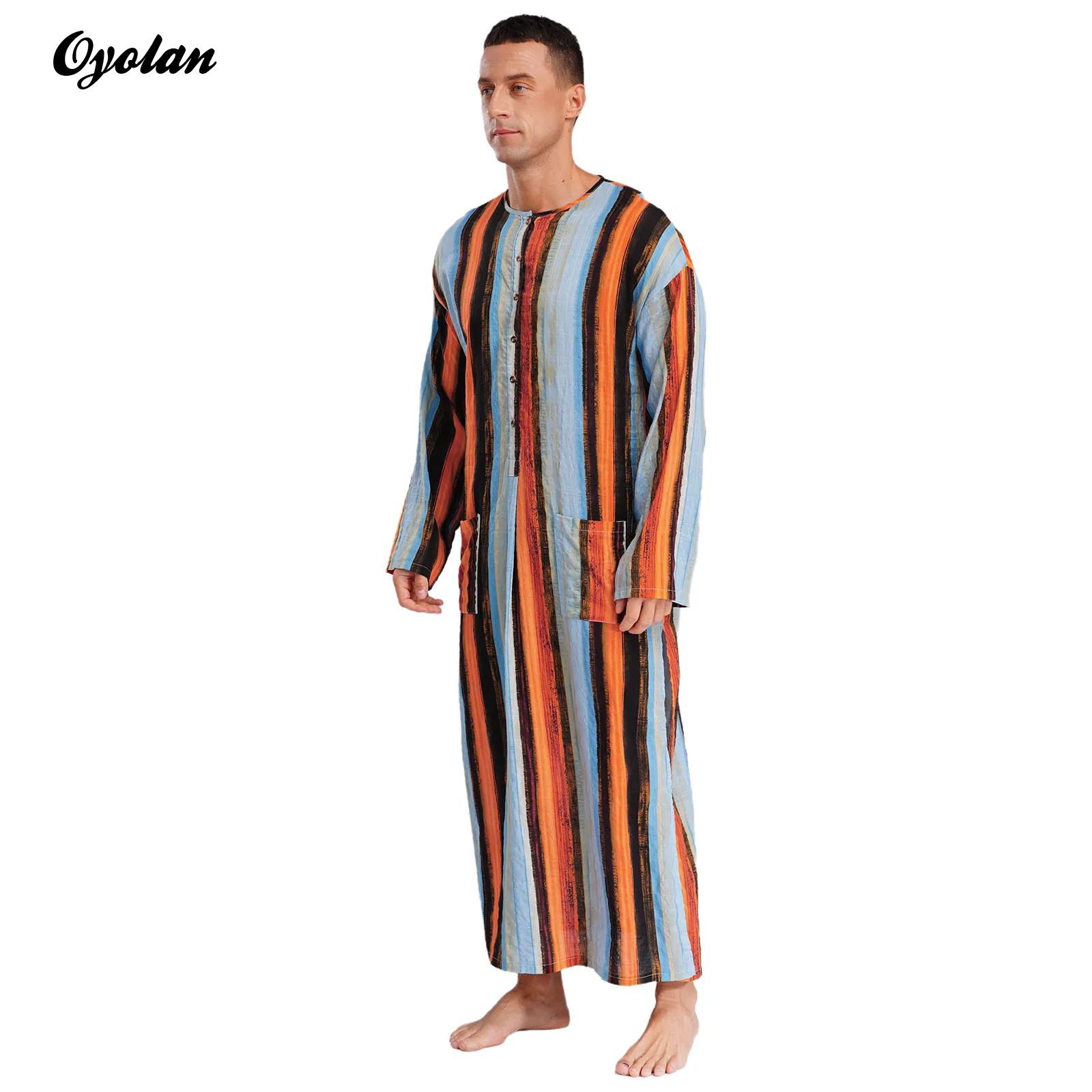 Männer Islamischen Muslimischen Thobe Rundhals Langarm Streifen Lange Kleid Tasten Lose Kleid Nahen Osten Islam Arabisch Thobe Hemd Kleider