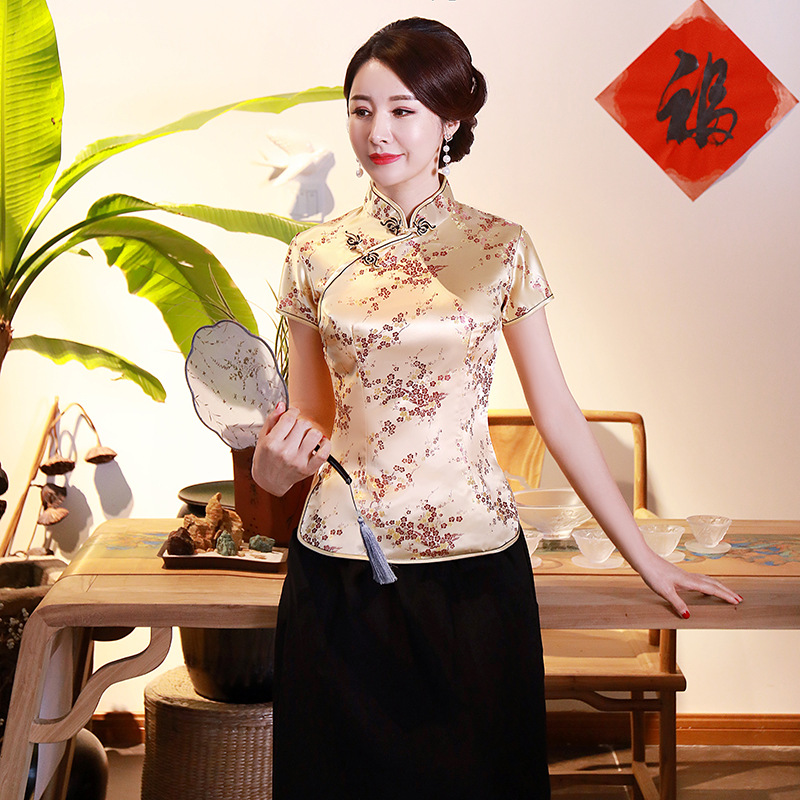 Chinesischen Stil Top Vintage Jacquard Tang Kleidung Dame Elegante Tops Phoenix Drachen Bluse Kurzarm Satin Hanfu Qipao Jacke