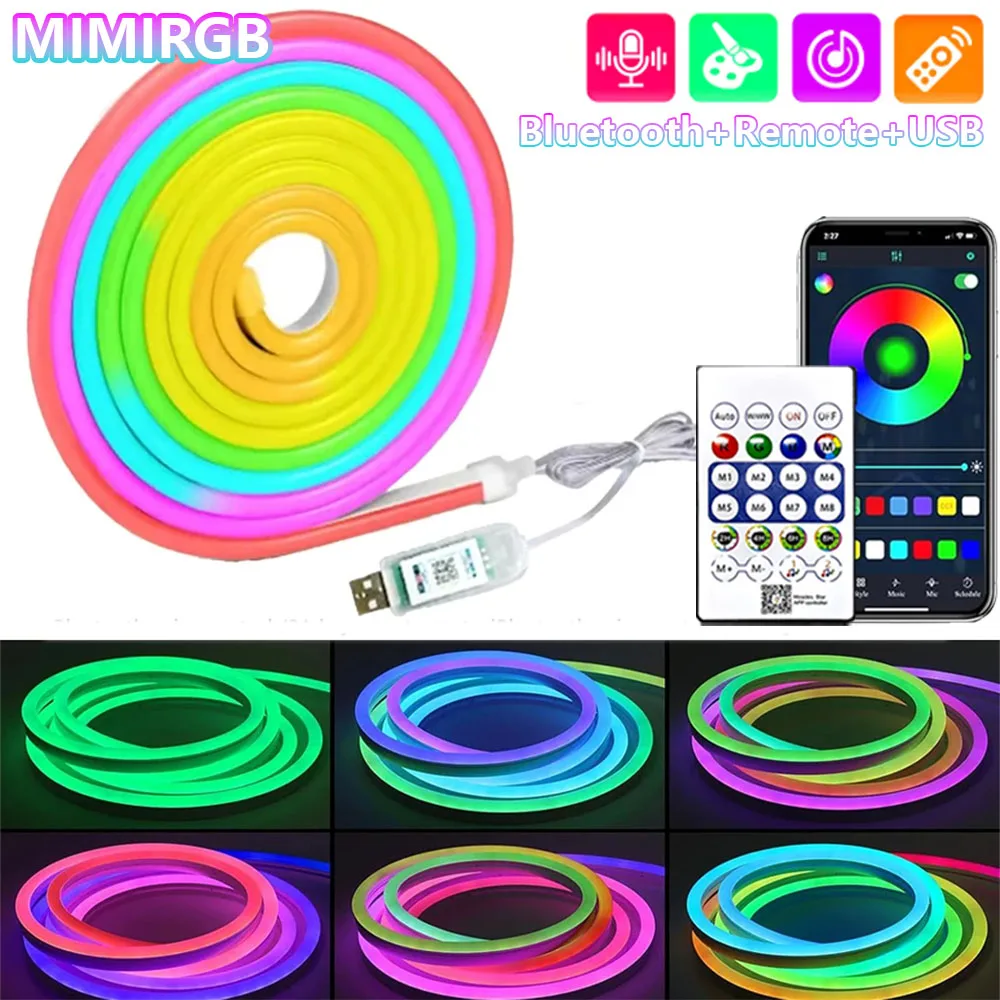 Lámpara de tira de neón de 5V RGBIC Bluetooth lámpara de tira de LED de neón 1/2/3/4/5M lámpara de tira Flexible LED se utiliza para decoración de pared de habitación