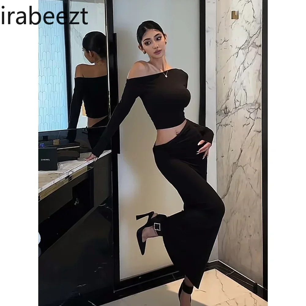 女性用長袖ブラウス、ハイウエスト、パックヒップスカート、セクシーな不規則な斜めの肩、2ピースセット