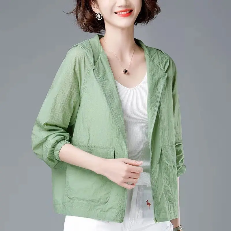 Moda coreana nuevo verano Casaco Feminino Color sólido chaqueta de primavera para mujer 2025 chaquetas combinables con capucha abrigo protector solar fino