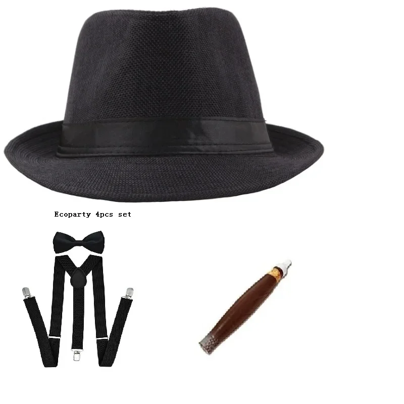 Herrenkostüm Rollenspiel-Cospaly-Kostüm Herren-Mafia Panama schwarzer Hut, Krawatte, Zigarren, 1920er-Jahre-Mafia-Kostüm für Erwachsene