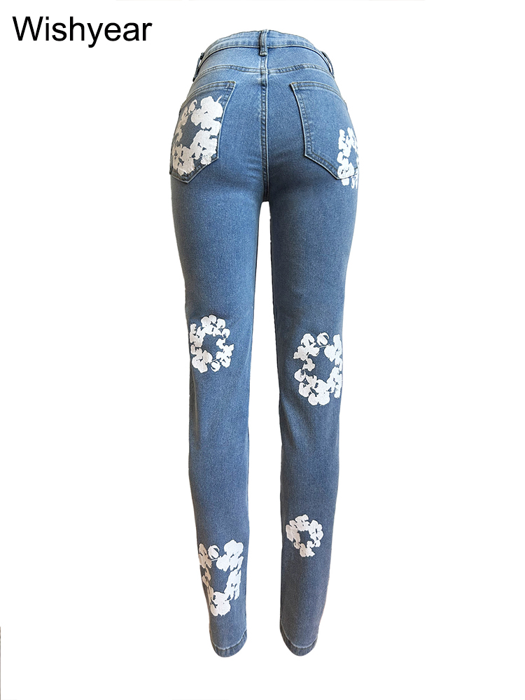 Moda primavera algodão estiramento flor impressão azul jeans feminino casual cintura alta todos os jogos hipster calças jeans magros streetwear