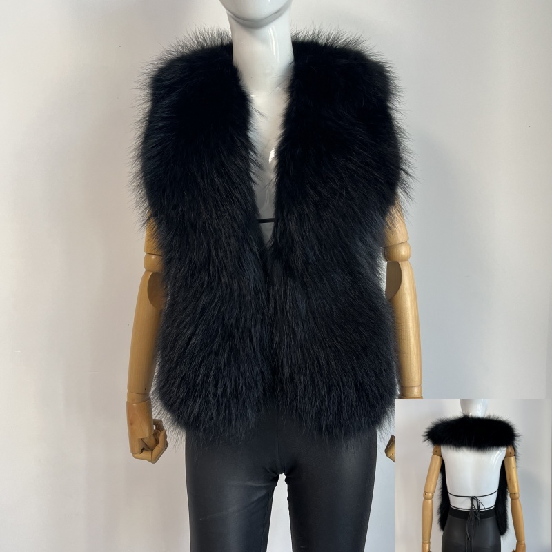 BEIZIRU vrouwen Pluizige Luxe Echt wasbeer Bont Halter Vest Mouwloos Diepe V-hals Solid Top Bovenkleding