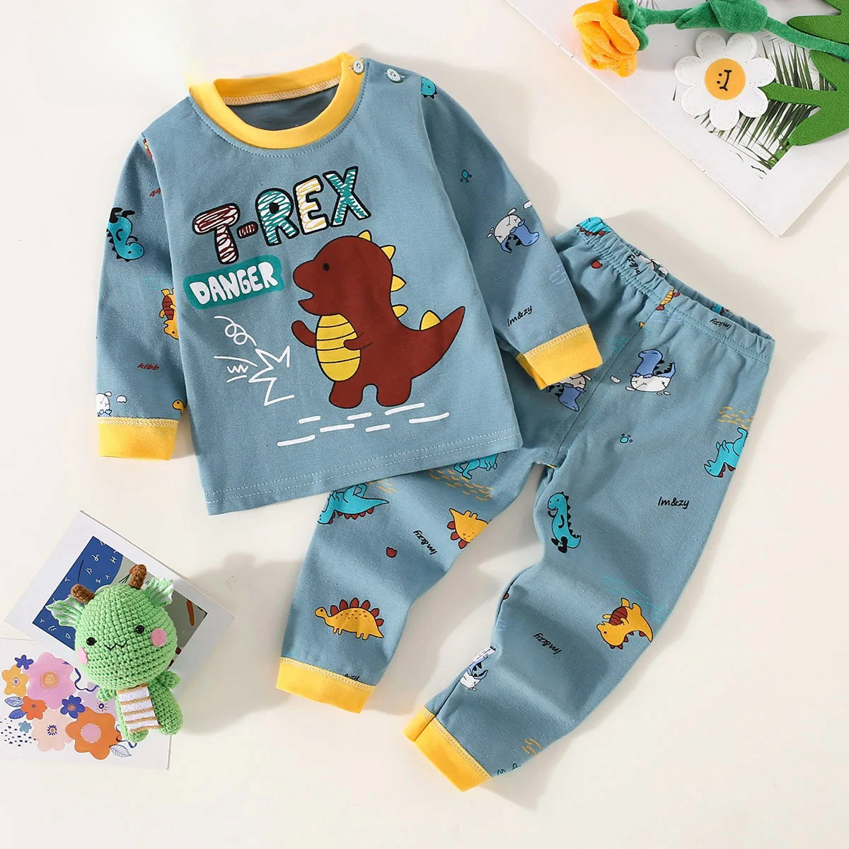 Ensemble de sous-vêtements pour garçons en coton avec lettrage et motif d'ours, haut à manches longues et pantalon assorti, ensemble pyjama