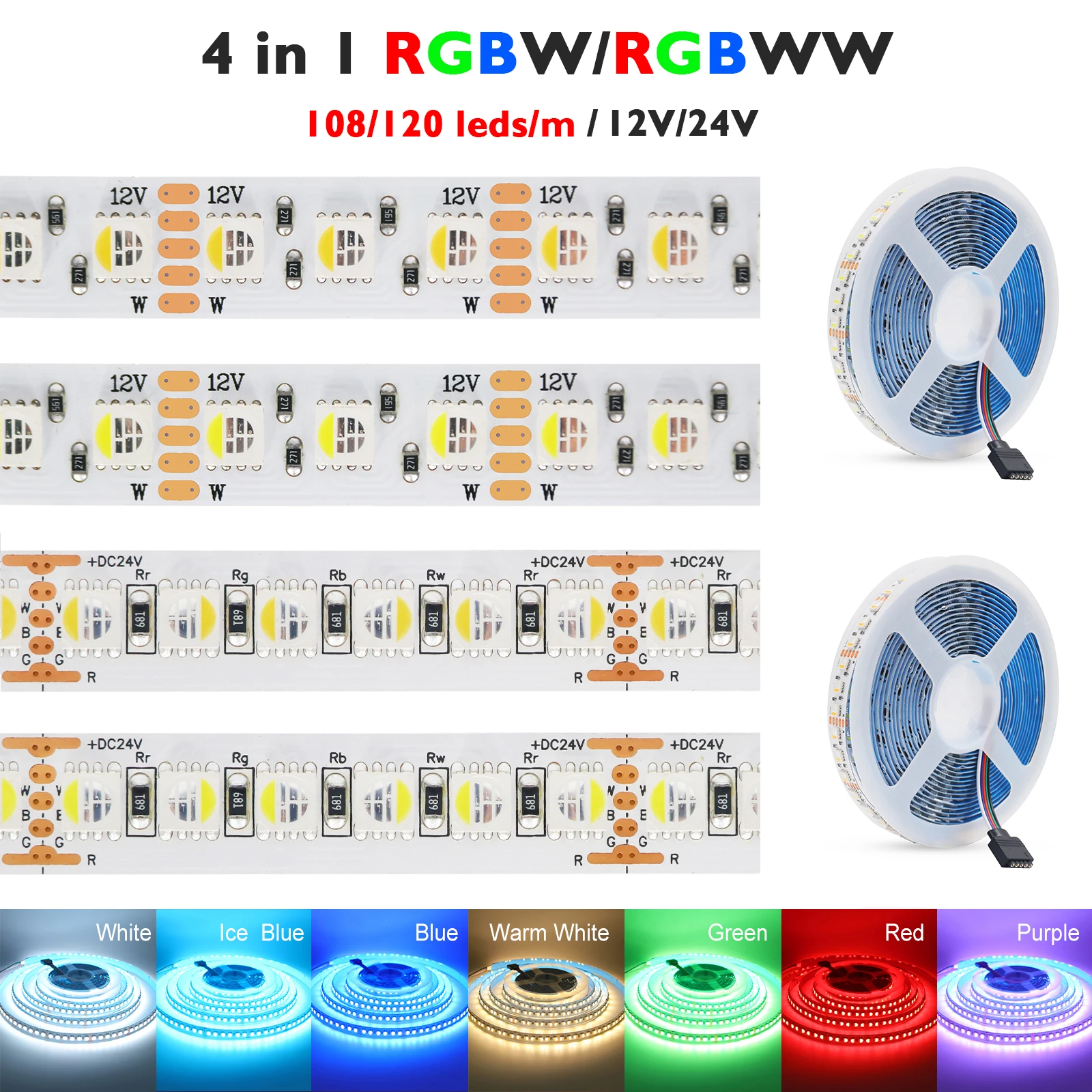 Светодиодная лента RGBW RGBWW постоянного тока 12 В 24 В 4 цвета в 1 чипе SMD 5050 60 108 120 светодиодов/м Гибкая лента Веревочный светильник