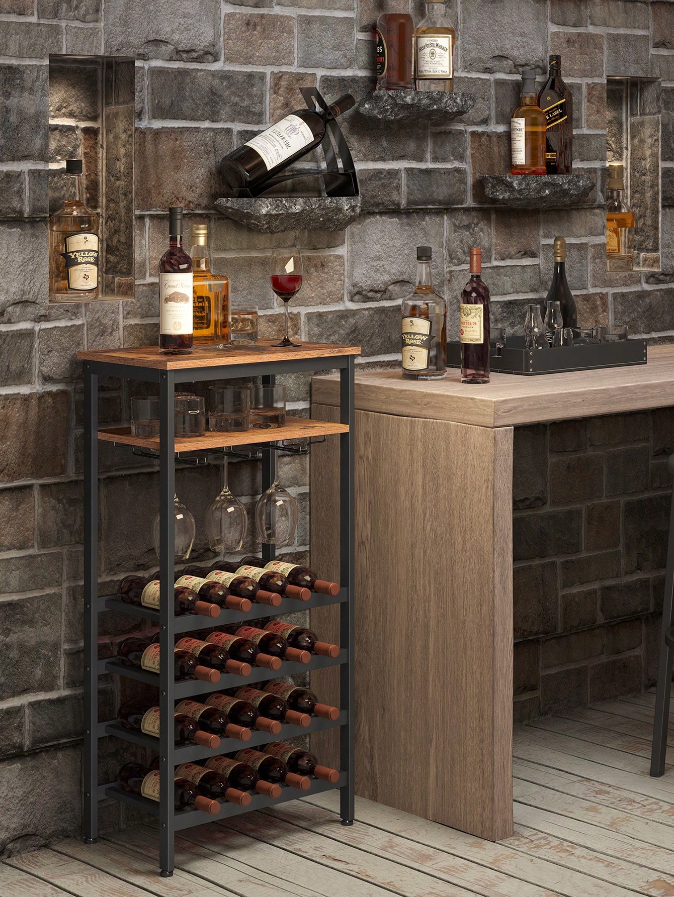 VASAGLE Wine Rack: 20-Bottle with Glass Holder, Cellar, Kitchen, Dining Room, Industrial Style, 50 x 32 x 100 cm