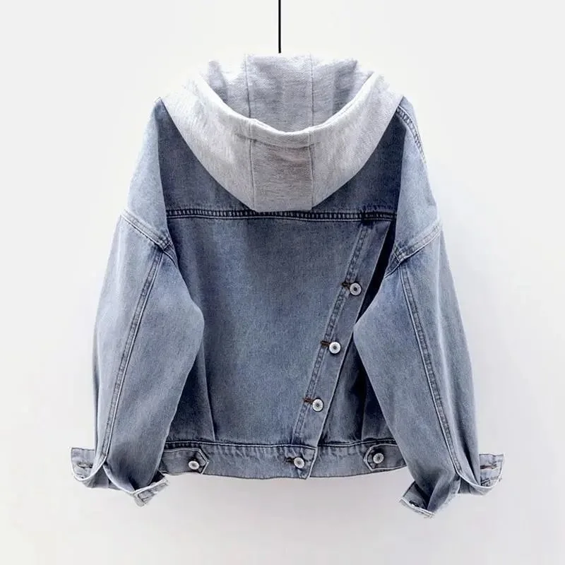 Azul desconstructable com capuz turn-down collar denim jaqueta feminina botão solto retalhos outwear tamanho grande jean casaco feminino