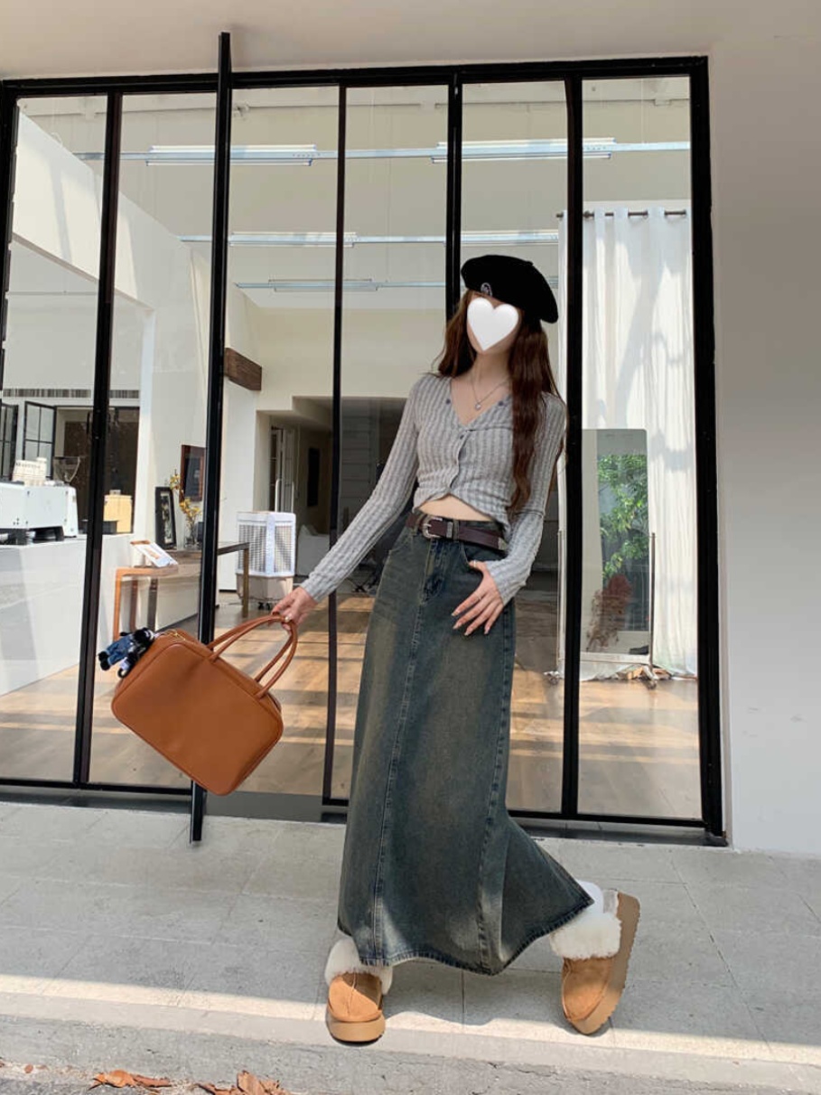 High Waist A-Line Midi Denim Skirt for Pear Shaped Women Spring Autumn plus Size Vintage Loose Slimming Skirts