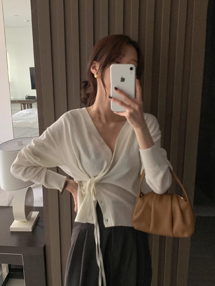 痩身 V ネックニットトップ女性のサイドボウウエスト締めシングルボタン長袖韓国スタイルファッショナブルな秋トップ