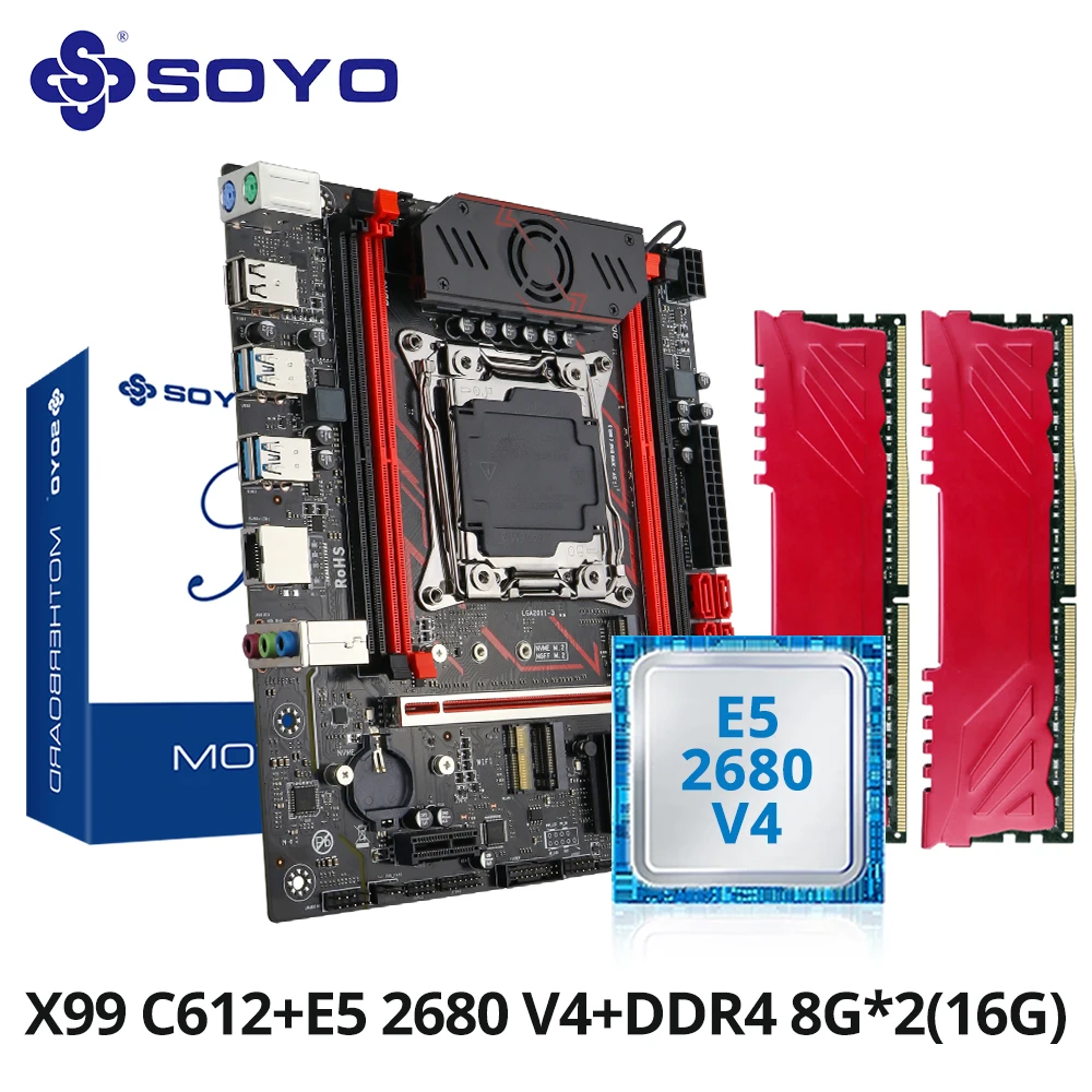SOYO X99 Gaming Moederbord Set C612 Chipset TPM2.0 Pin met E5 2680 V4 CPU & DDR4 16G (2*8G) 2133MHz RAM PCIE3.0 voor Desktop PC